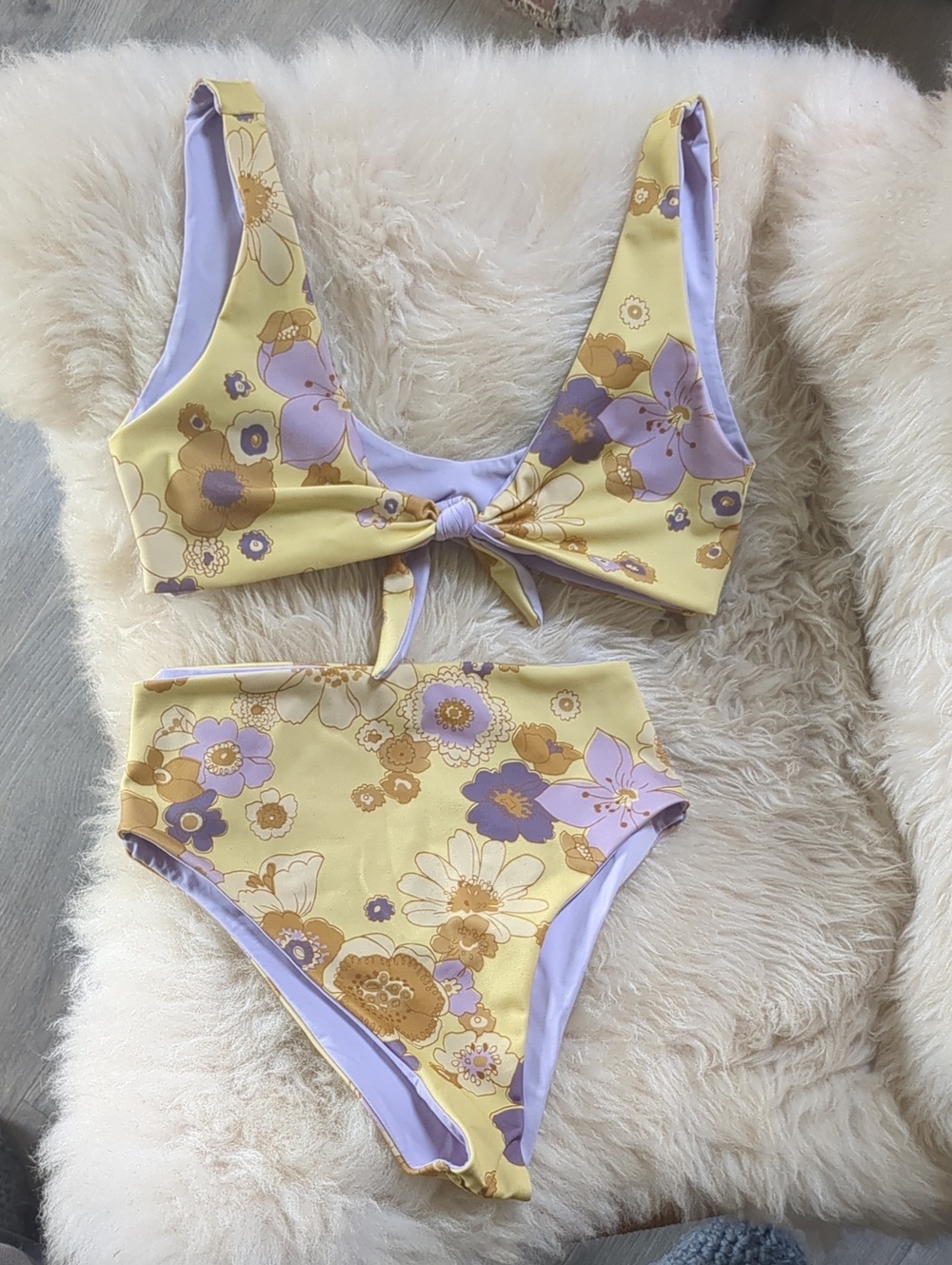 Reversible Yellow Floral And Purple Tie-Front Bikini Swimsuit